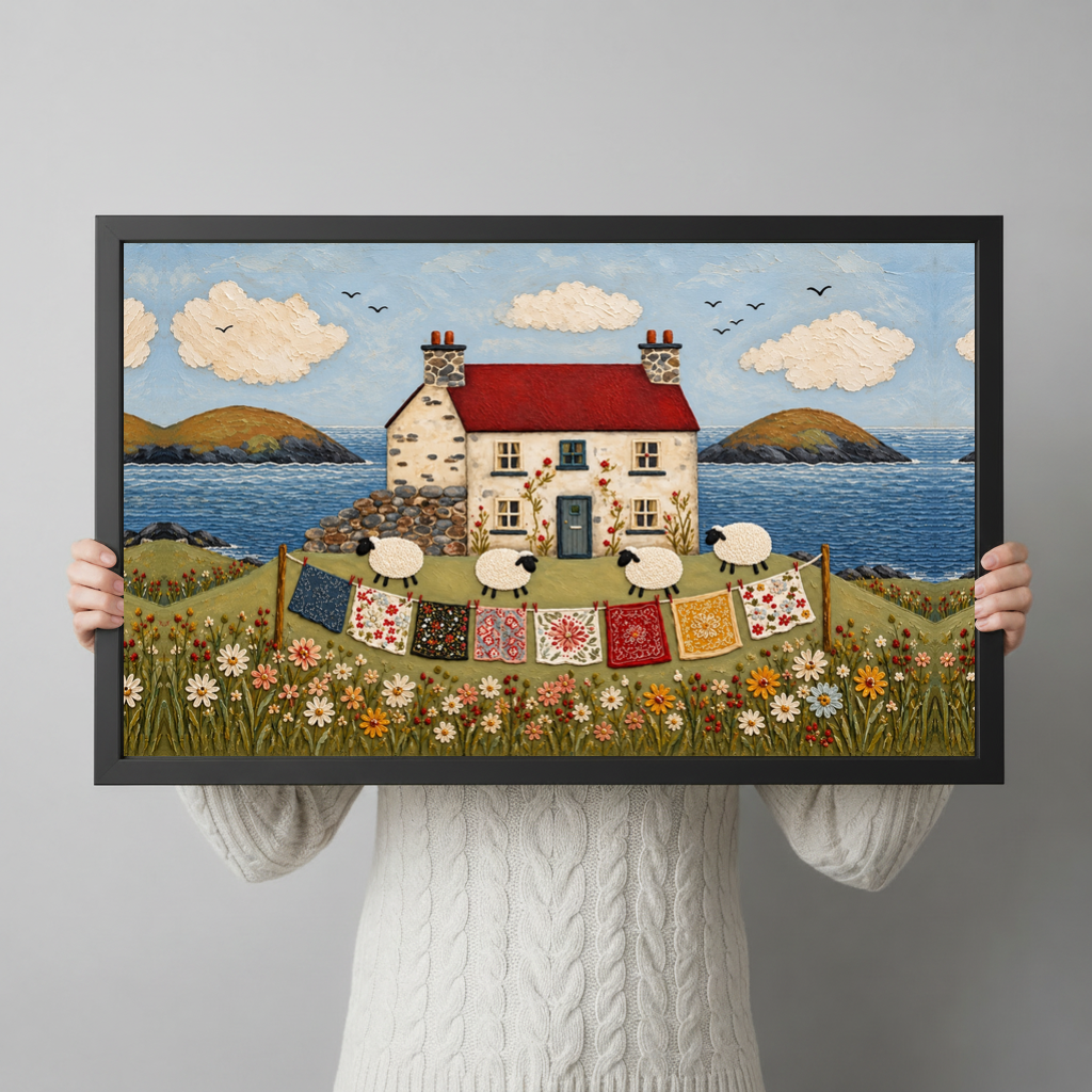 Framed coastal cottage sheep quilts canvas held horizontally by a person wearing a cream sweater against a light background.