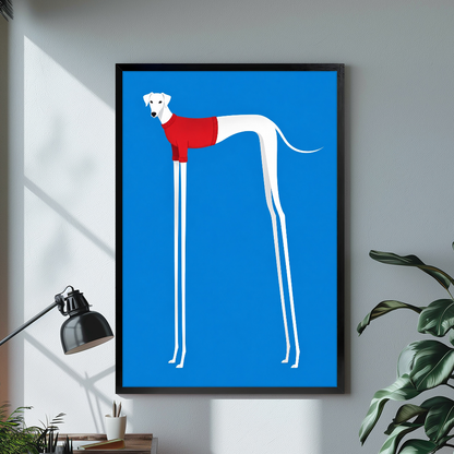 Black framed greyhound red winter jumper canvas on a pale wall above a desk and plant.