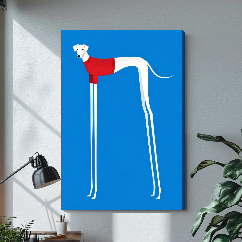 Stretched greyhound red winter jumper canvas with a shaded wrapped edge in the selected room setting.