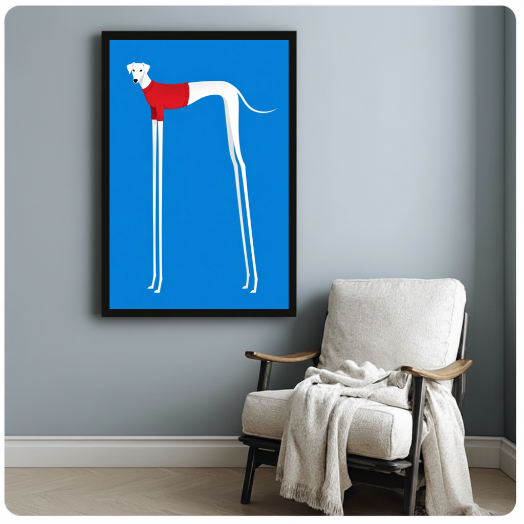 Framed greyhound red winter jumper canvas beside a pale reading chair on a blue gray wall.