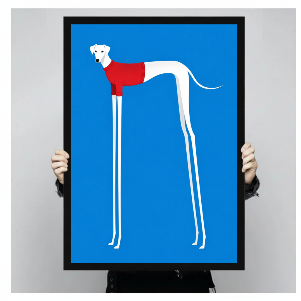 Framed greyhound red winter jumper canvas held by a person against a light neutral background.