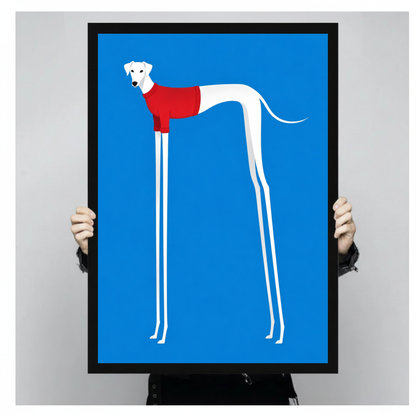 Framed greyhound red winter jumper canvas held by a person against a light neutral background.