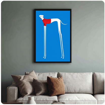 Framed greyhound red winter jumper canvas above a neutral sofa with cushions against a muted wall.