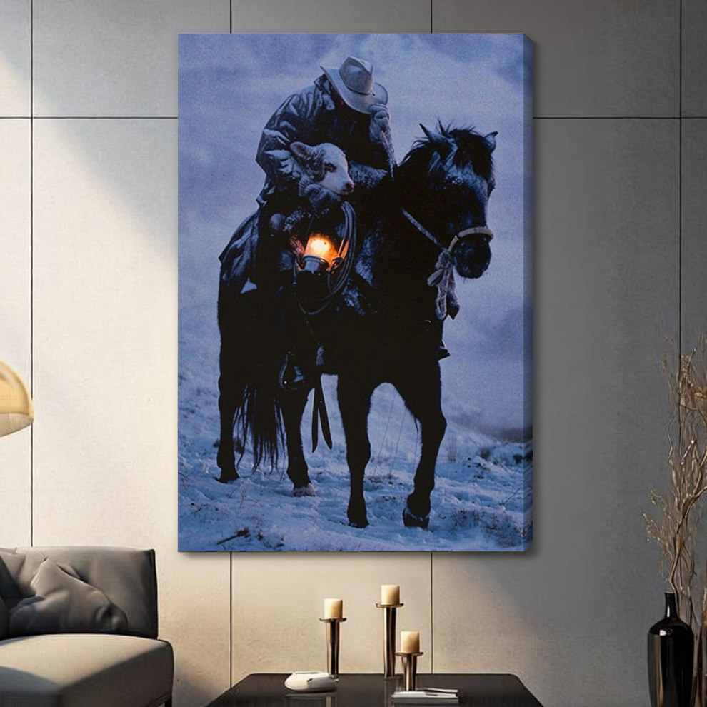Stretched cowboy carrying lamb canvas with a shaded wrapped edge in the selected room setting.