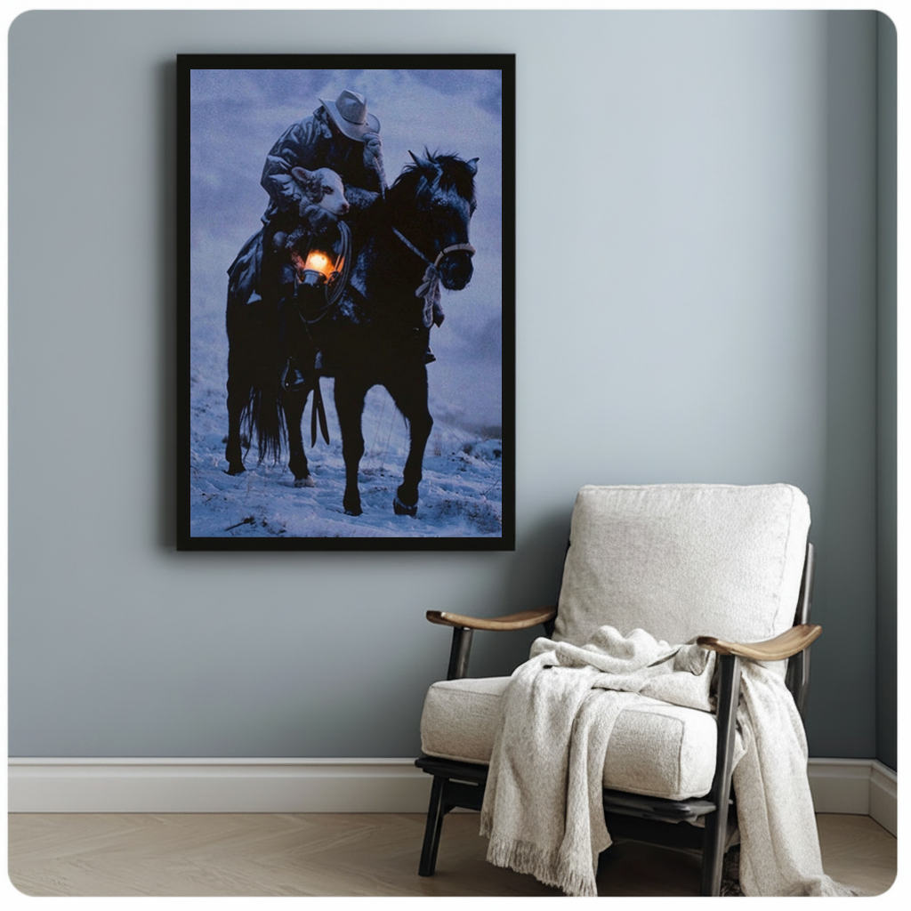 Framed cowboy carrying lamb canvas beside a pale reading chair on a blue gray wall.