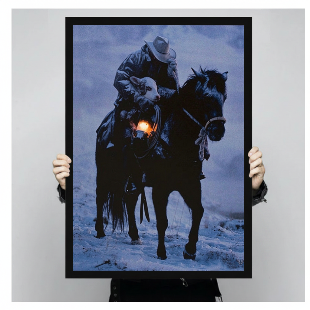 Framed cowboy carrying lamb canvas held by a person against a light neutral background.