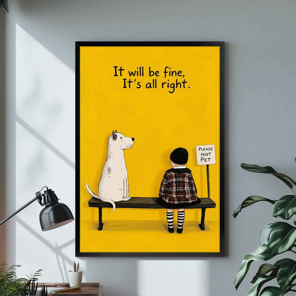 Black framed bench dog gentle reminder canvas on a pale wall above a desk and plant.