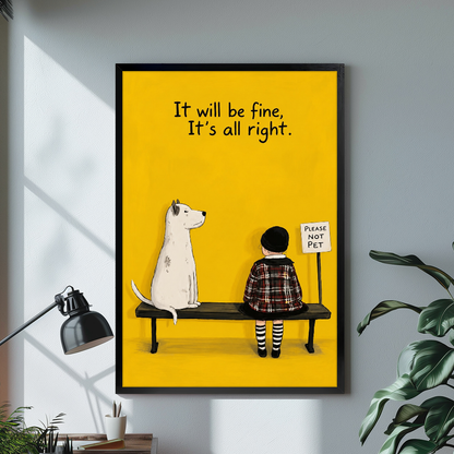 Black framed bench dog gentle reminder canvas on a pale wall above a desk and plant.