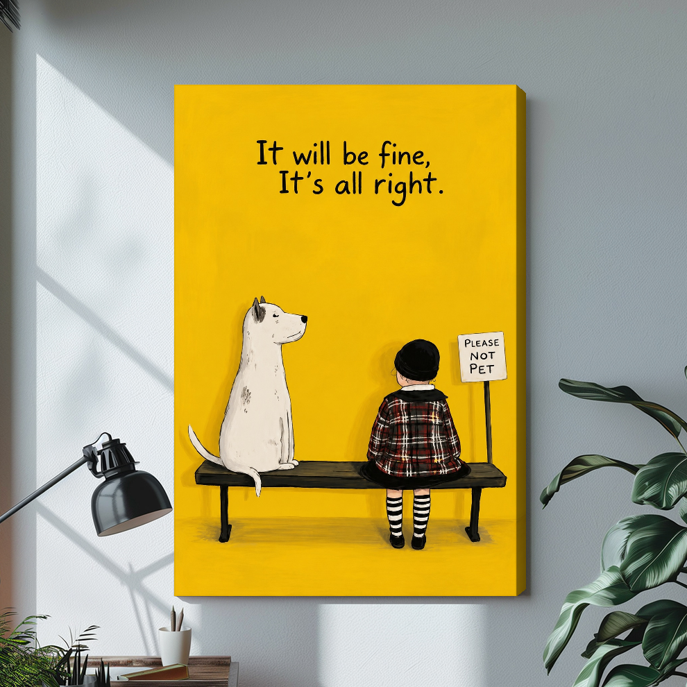 Stretched bench dog gentle reminder canvas with a shaded wrapped edge in the selected room setting.
