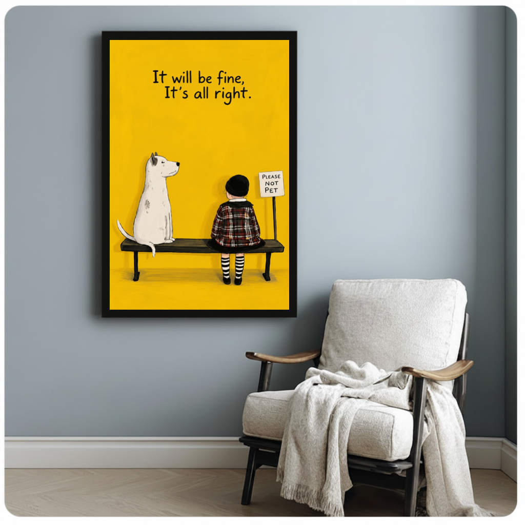 Framed bench dog gentle reminder canvas beside a pale reading chair on a blue gray wall.
