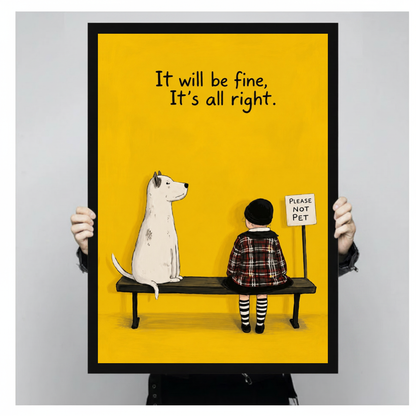 Framed bench dog gentle reminder canvas held by a person against a light neutral background.