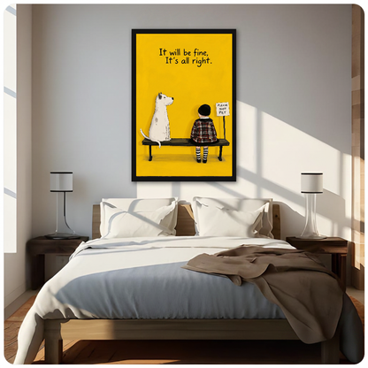 Framed bench dog gentle reminder canvas above a neutral bed beside soft bedroom lighting and lamps.