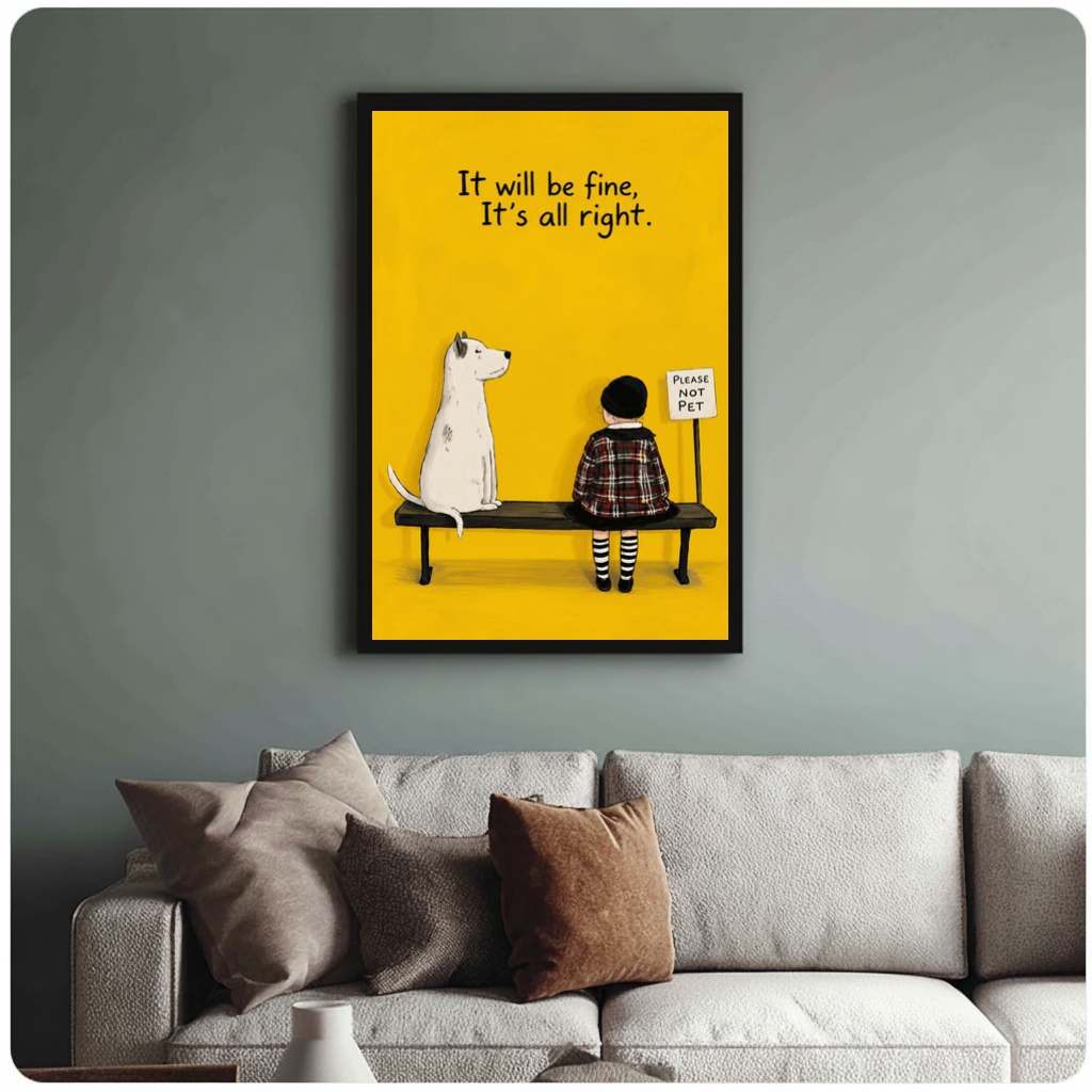 Framed bench dog gentle reminder canvas above a neutral sofa with cushions against a muted wall.