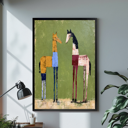 Black framed two green field horses canvas on a pale wall above a desk and plant.