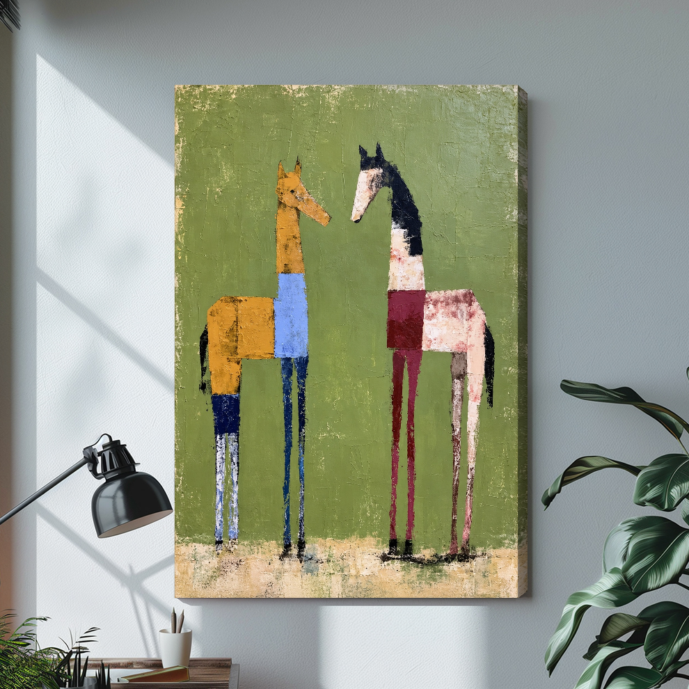 Stretched two green field horses canvas with a shaded wrapped edge in the selected room setting.