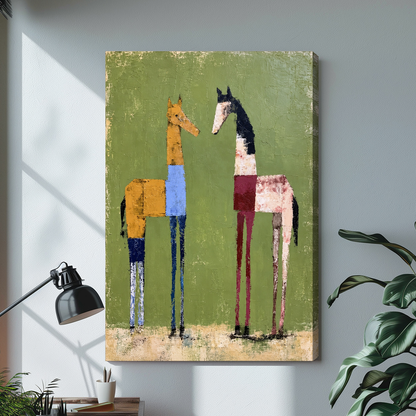 Stretched two green field horses canvas with a shaded wrapped edge in the selected room setting.