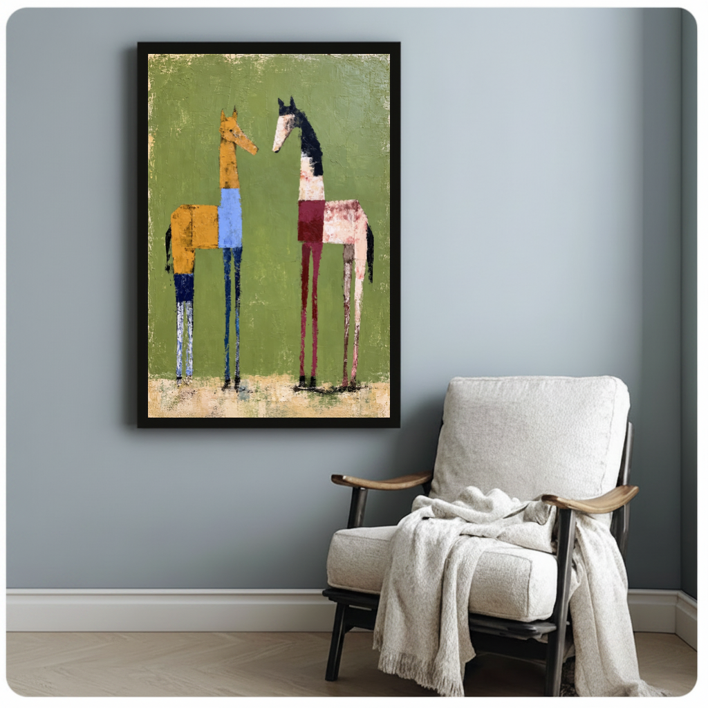 Framed two green field horses canvas beside a pale reading chair on a blue gray wall.