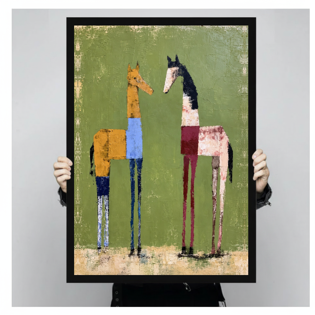 Framed two green field horses canvas held by a person against a light neutral background.