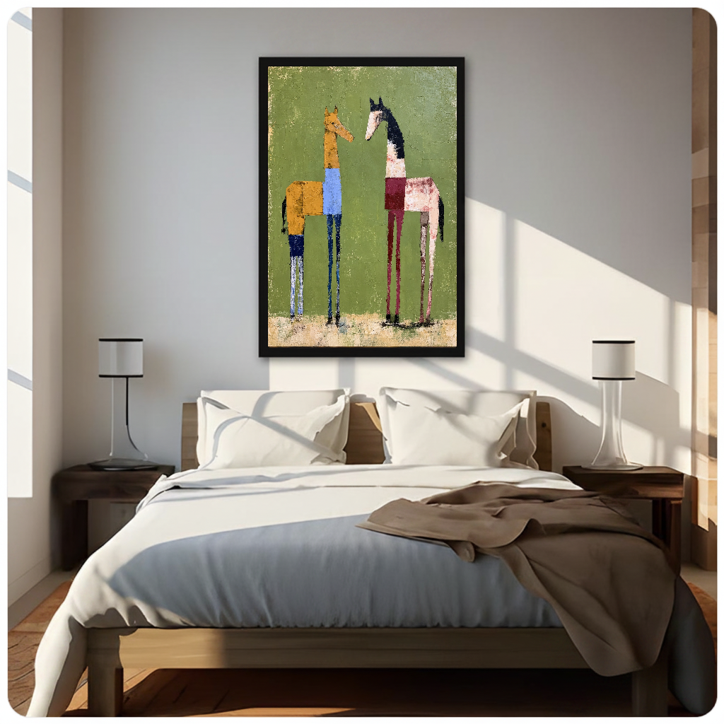 Framed two green field horses canvas above a neutral bed beside soft bedroom lighting and lamps.
