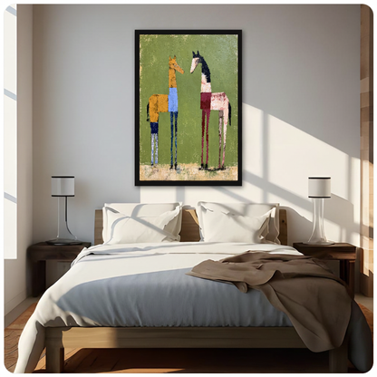 Framed two green field horses canvas above a neutral bed beside soft bedroom lighting and lamps.