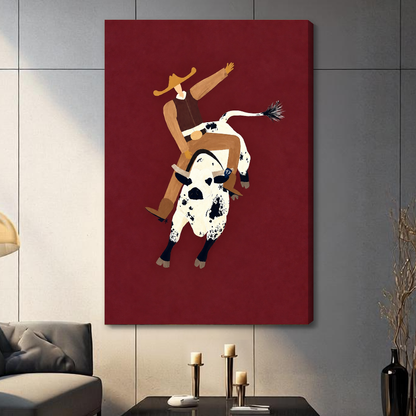 Stretched burgundy rodeo rider canvas with a shaded wrapped edge in the selected room setting.