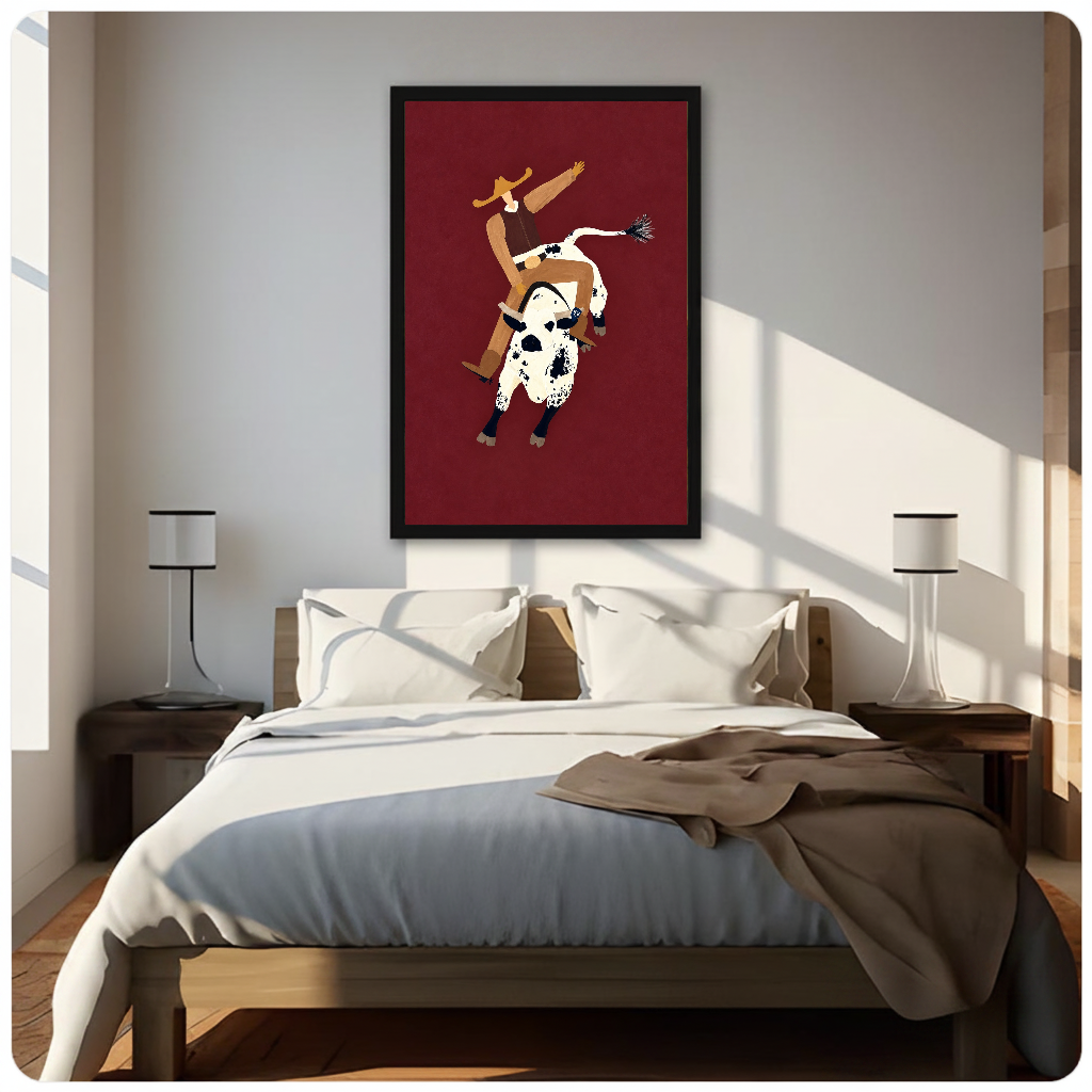 Framed burgundy rodeo rider canvas above a neutral bed beside soft bedroom lighting and lamps.