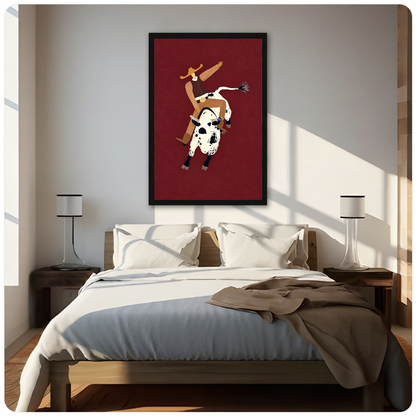 Framed burgundy rodeo rider canvas above a neutral bed beside soft bedroom lighting and lamps.