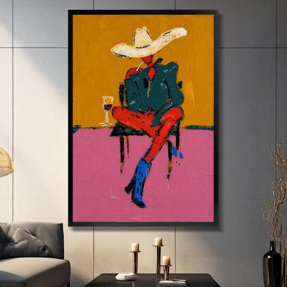 Black framed cowboy in blue boots canvas on a dark paneled wall beside warm candles.