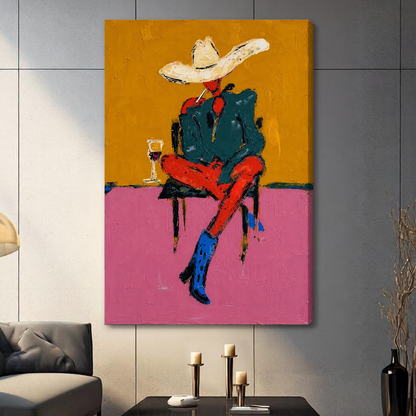 Stretched cowboy in blue boots canvas with a shaded wrapped edge in the selected room setting.