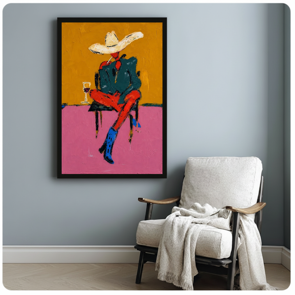 Framed cowboy in blue boots canvas beside a pale reading chair on a blue gray wall.