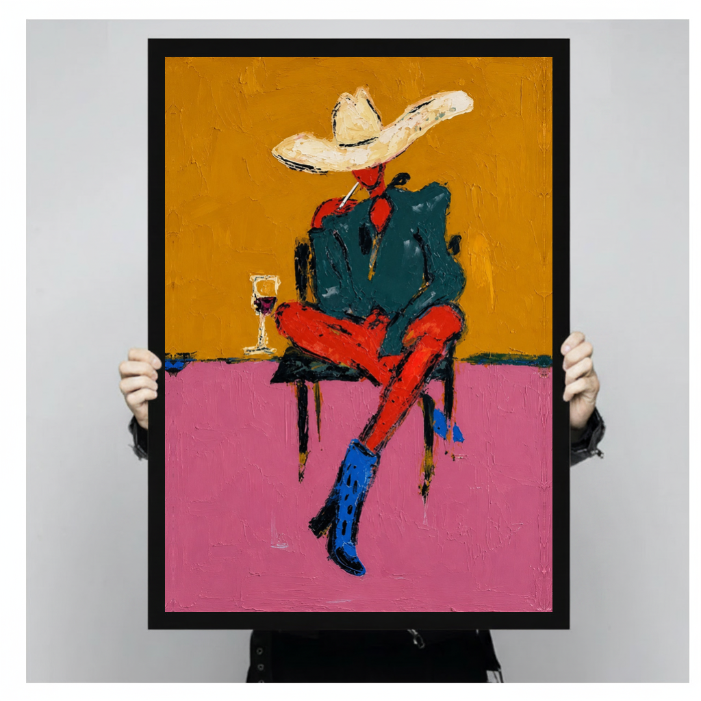 Framed cowboy in blue boots canvas held by a person against a light neutral background.