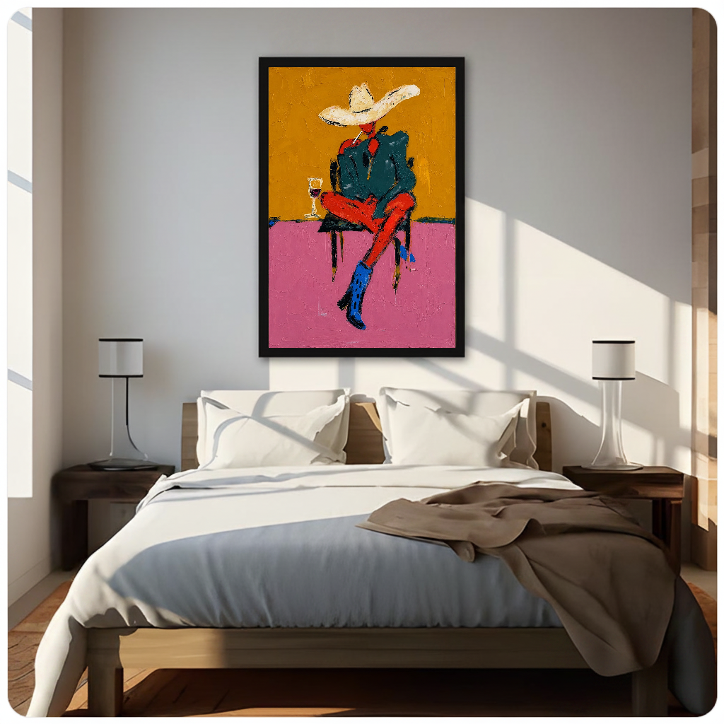 Framed cowboy in blue boots canvas above a neutral bed beside soft bedroom lighting and lamps.
