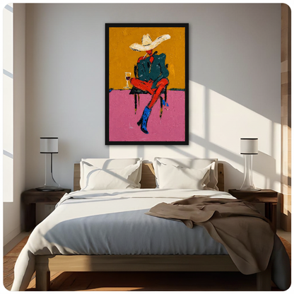 Framed cowboy in blue boots canvas above a neutral bed beside soft bedroom lighting and lamps.