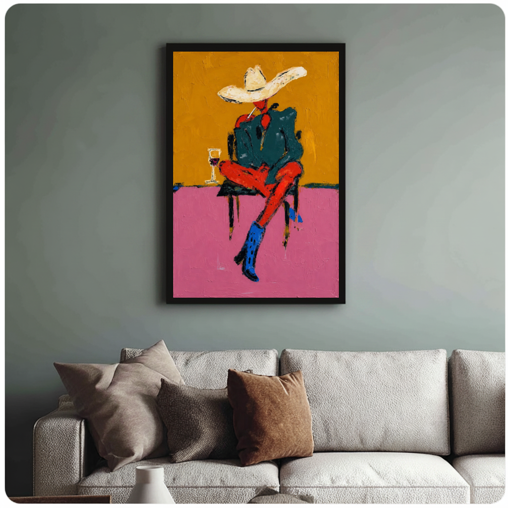 Framed cowboy in blue boots canvas above a neutral sofa with cushions against a muted wall.