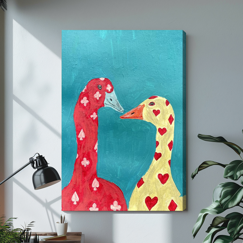 Stretched playing card geese canvas with a shaded wrapped edge in the selected room setting.