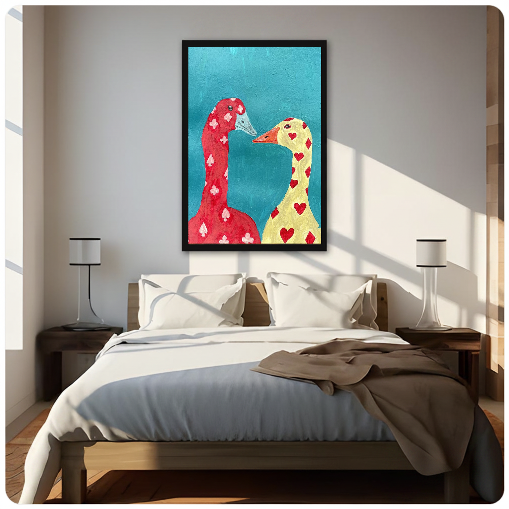 Framed playing card geese canvas above a neutral bed beside soft bedroom lighting and lamps.