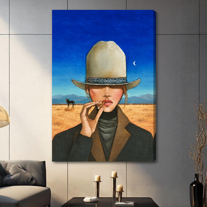 Stretched blue sky cigar cowgirl canvas with a shaded wrapped edge in the selected room setting.