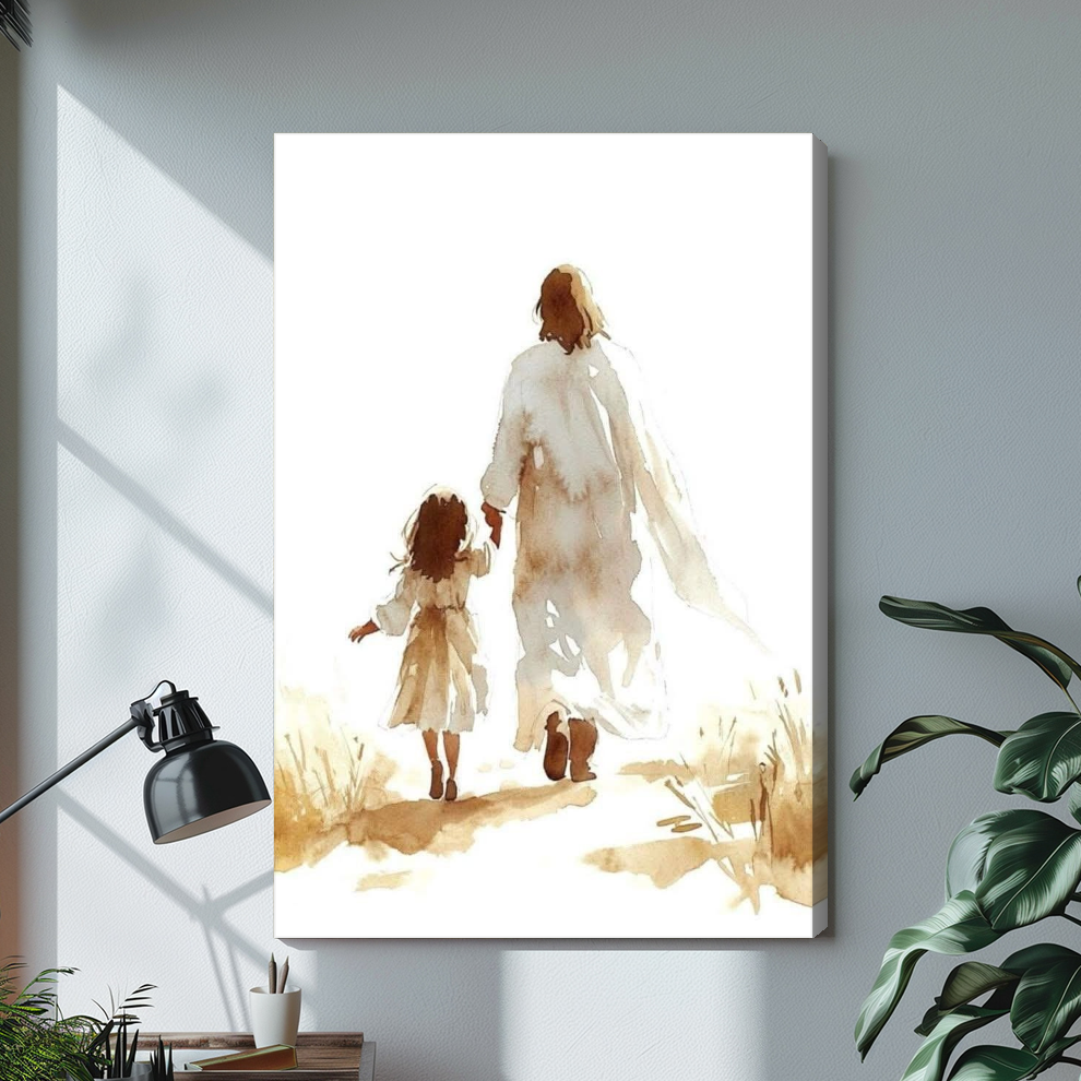 Stretched jesus walking with child canvas with a shaded wrapped edge in the selected room setting.