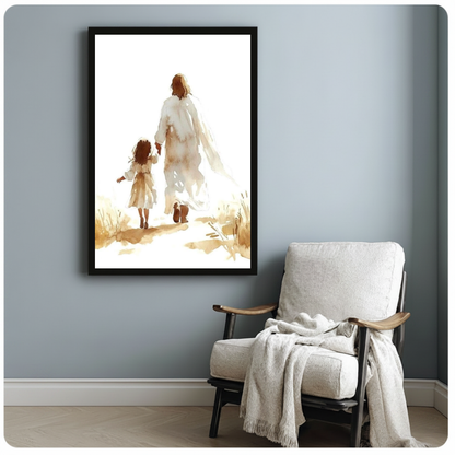 Framed jesus walking with child canvas beside a pale reading chair on a blue gray wall.