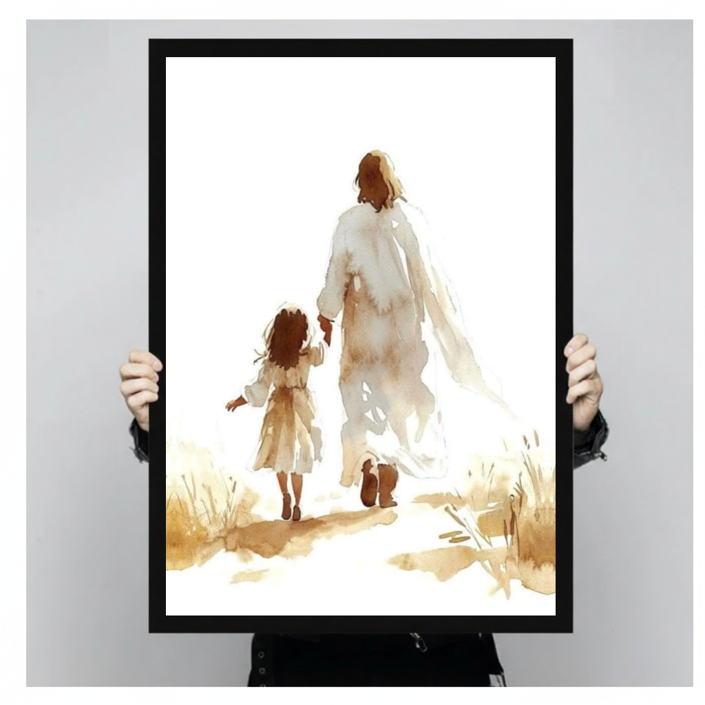 Framed jesus walking with child canvas held by a person against a light neutral background.