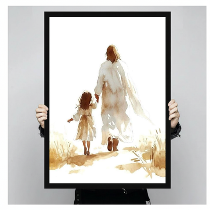 Framed jesus walking with child canvas held by a person against a light neutral background.