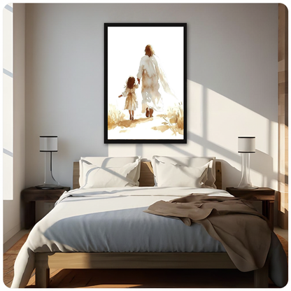 Framed jesus walking with child canvas above a neutral bed beside soft bedroom lighting and lamps.