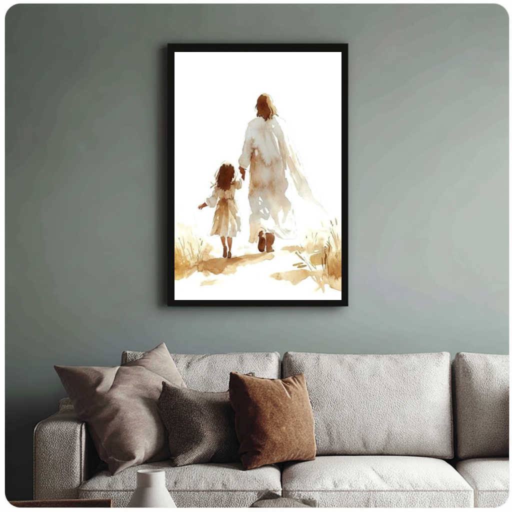 Framed jesus walking with child canvas above a neutral sofa with cushions against a muted wall.