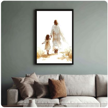 Framed jesus walking with child canvas above a neutral sofa with cushions against a muted wall.