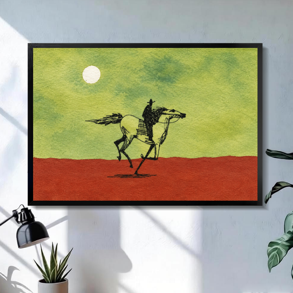 Black framed moonlit ink cowboy horse canvas on a pale wall above a desk and plant.