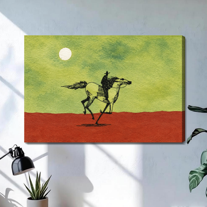 Stretched moonlit ink cowboy horse canvas with a shaded wrapped edge in the selected room setting.