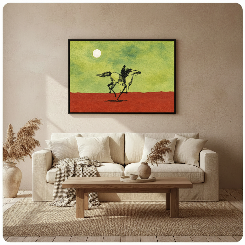 Framed moonlit ink cowboy horse canvas above a neutral sofa beside pampas grass and a coffee table.