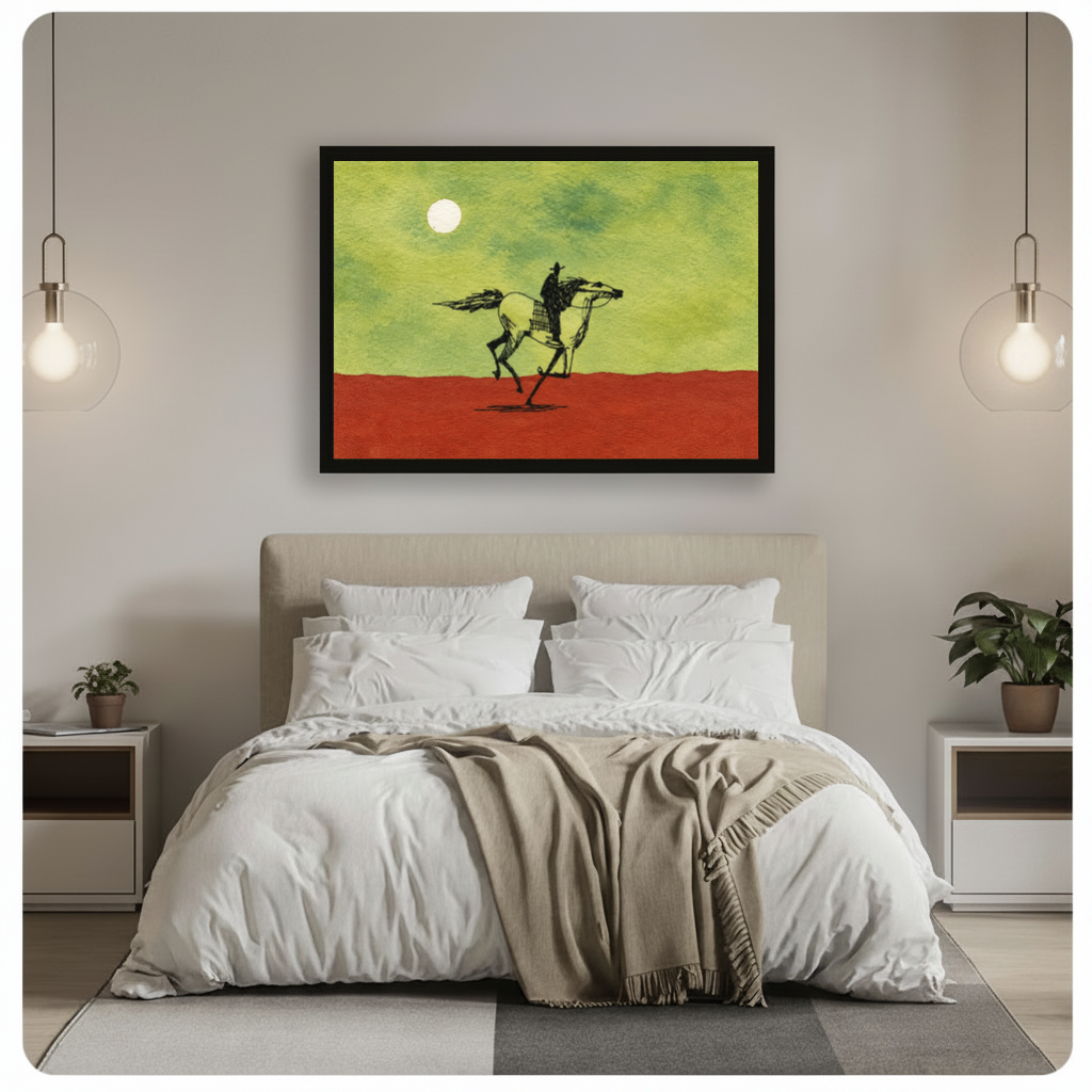 Framed moonlit ink cowboy horse canvas above a gray bed between hanging pendant lamps in a neutral bedroom.