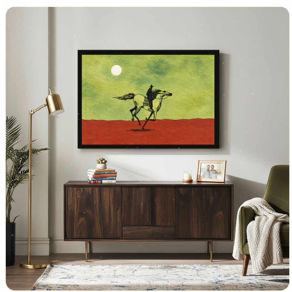 Framed moonlit ink cowboy horse canvas above a wooden sideboard beside books and an angled brass lamp.