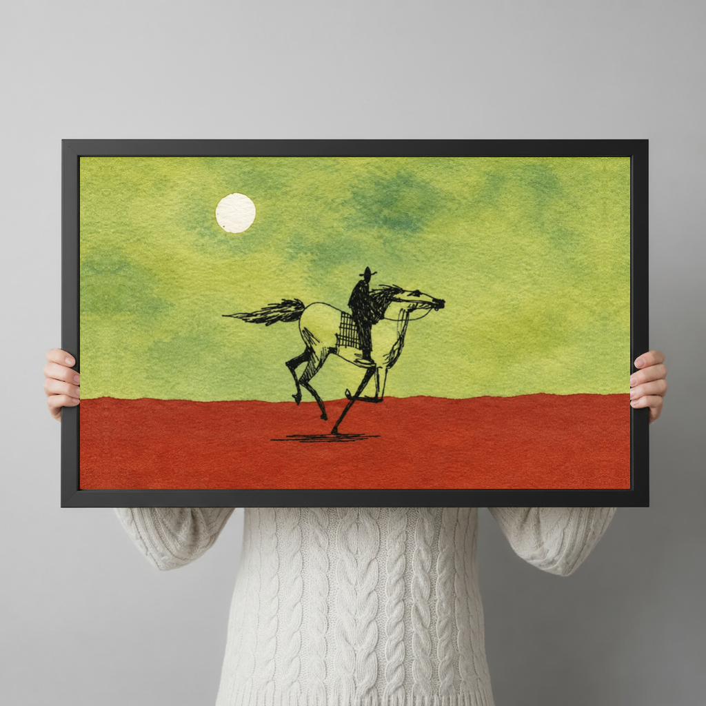Framed moonlit ink cowboy horse canvas held horizontally by a person wearing a cream sweater against a light background.